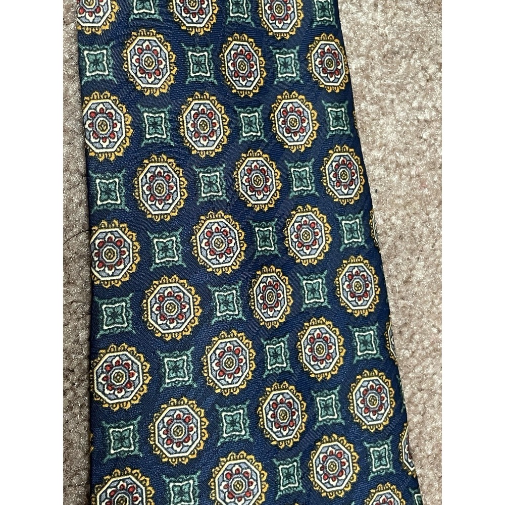 Vintage All Silk Geometric Tie Dark Blue Green‎ Fabric Hand Made Grandpa Core